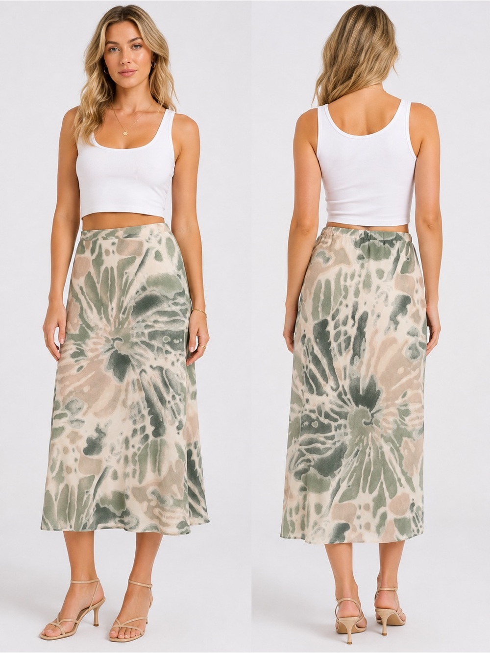 Wishlist Apparel Pastel Tie-Dye Midi Skirt in Green Cream M Medium